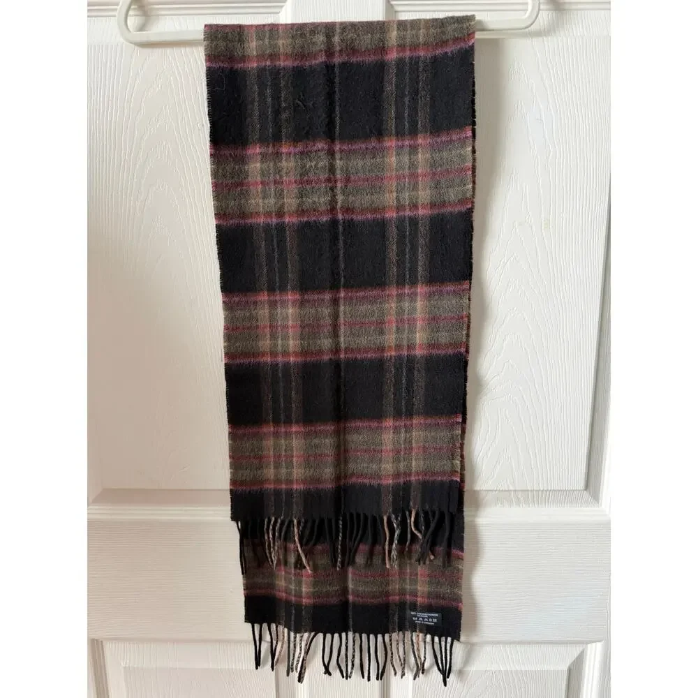 100% Cashmere Black & Pink Plaid Scarf Made in Germany Quiet Luxury Cozy‎
